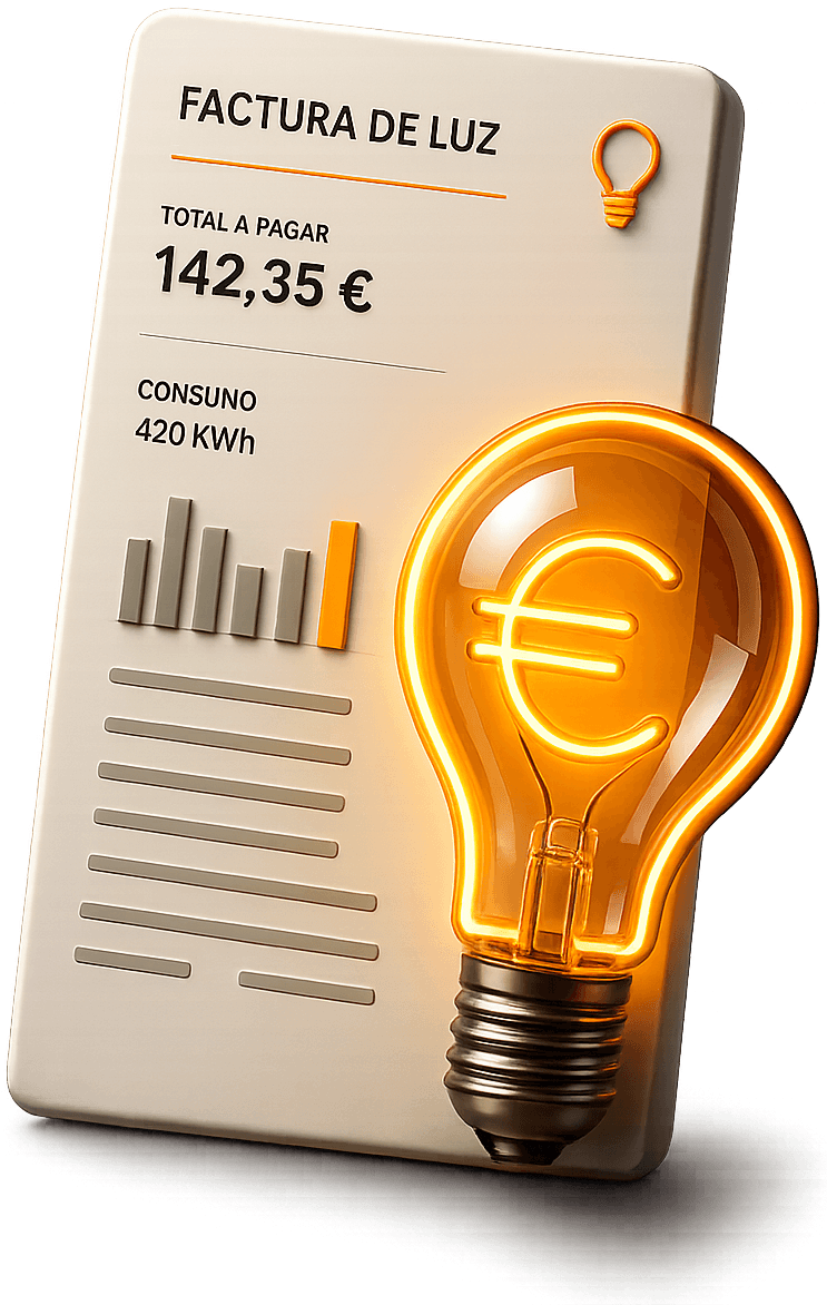 Factura de luz con bombilla mostrando el ahorro en euros